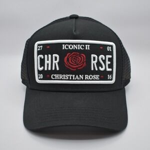 Christian Rose Iconic II License Plate Patch Trucker Snapback Mesh Hat Black NWT
